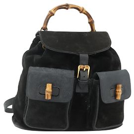 Zaino in suede nero e oro GUCCI Bamboo 003 2058 0016 Auth 175199