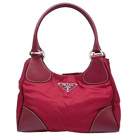 Borsa a spalla in nylon e pelle rossa Prada