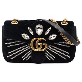 Gucci Schwarze Mittlere GG Marmont Matelassé Samt Schultertasche mit Kristallverzierungen