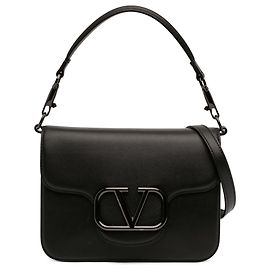 Borsa a tracolla in pelle di vitello nera con logo Valentino