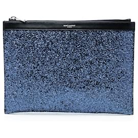 Pochette per tablet in pelle blu glitterata con zip Saint Laurent