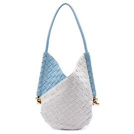 Borsa a Spalla Bottega Veneta Intrecciato Solstice Piccola in Nappa e Tela Blu