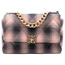 Chanel Rosa Grande Borsa in Cotone a Quadri 19 Flap