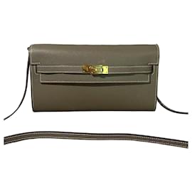 Carteira Hermès Kelly Cinza Elefante Couro Epsom Dourado