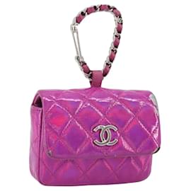 CHANEL Matelassé Karabiner Tasche Aus Lackleder Rosa Silber CC Auth YKZ1380A