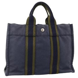 Hermès HERMES Fourre ToutPM Tote Bag aus Segeltuch Marine Silber Auth am11365