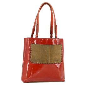Borsa Tote PRADA in pelle verniciata rossa argento Auth ti3877