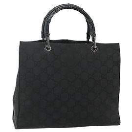 Sac à main en toile GG Gucci en bambou, nylon noir et argent 002 1010 Auth 176148