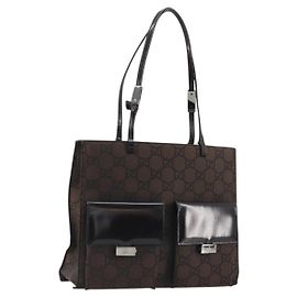 Sac fourre-tout en toile GG Gucci en nylon marron argent 002 1021 Auth 175335