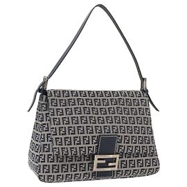 Borsa a Spalla Mamma Baguette in Tela Zucchino FENDI Navy Argento Auth 176566V