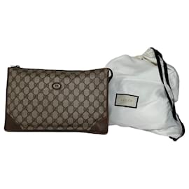 Pochette con zip in tela rivestita GG Supreme monogramma vintage Gucci beige ebano