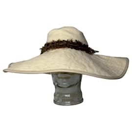 Cappello a tesa larga con fascia di piume Gucci vintage beige e marrone M