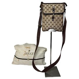 Vintage Gucci GG Monogram Canvas Leather Crossbody Messenger Bag Beige Brown