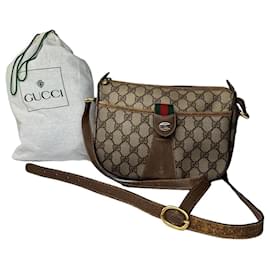 Borsa a tracolla in tela e pelle Gucci GG Monogram Vintage con striscia web beige e marrone