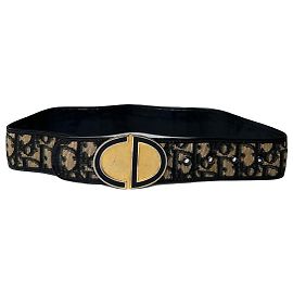 Christian Dior Vintage Dior Oblique Monogram Canvas Leather Belt Navy Beige Gold