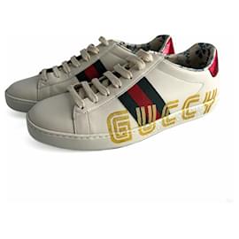 Gucci Sneakers Striate in Pelle con Logo Ace Maxi 37.5 Bianche
