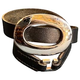 Hermès Double Leather Bracelet in Black with Silver Rings