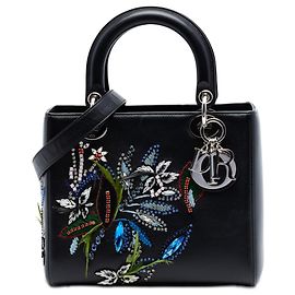 Dior Nero Edizione Limitata Media in Pelle di Vitello Liscia Ricamata con Perline Floral Lady Dior