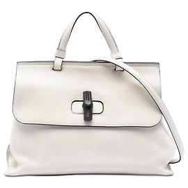 Borsa quotidiana media in pelle bianca con bambù Gucci