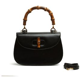 Gucci Sac Bamboo 1947 Grande circa 1990 Couture Borsa in Pelle Nera con Cinghia Extra