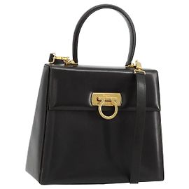 Borsa a mano in pelle Gancini Salvatore Ferragamo 2 in 1 Nero Oro Auth ka4140