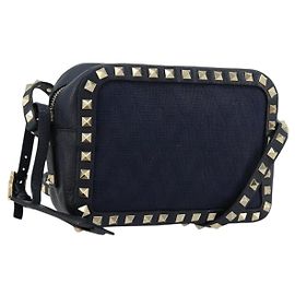 VALENTINO Borsa a Spalla Rock Studs in Pelle Blu Navy e Oro Auth BA12296A