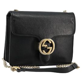 GUCCI Ketten-Schultertasche aus schwarzem Leder mit Gold 510304 Auth bs34494