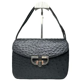 Schultertasche aus schwarzem Straußenleder mit vintage GG-Logo von Gucci
