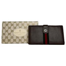 Cartera larga de cuero marrón con franja Web vintage de Gucci