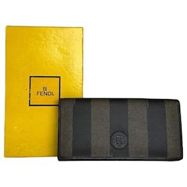 Portefeuille long en toile enduite à rayures Pequin vintage Fendi marron et noir