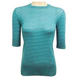 Loro Piana Kurzarm-Pullover aus Kaschmir und Seide mit Rundhalsausschnitt in Teal / Weiß gestreift Fontvieille Girocollo