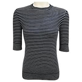 Loro Piana Kurzarm-Pullover aus Kaschmir und Seide mit Marineblau / Weiß gestreift Fontvieille Girocollo
