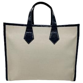 Borsa Tote Martina in lino beige / blu navy e coccodrillo di Maria Oliver - Autre Marque