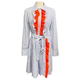 Prada Abito midi a righe blu chiaro / bianco / arancione con dettagli a volant e cintura