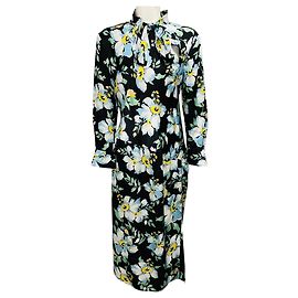 Midi-Seidenkleid mit mehrfarbigem Blumenmuster und Schleifenkragen von Tom Ford Schwarz / Blau / Grün