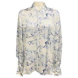Blusa de satén con botones en la parte delantera y estampado gráfico Minta crema / azul Khaite