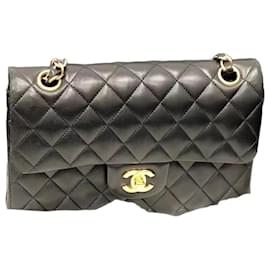 Chanel Kleine Schwarze Lammfell Doppel-Top Chain Tasche