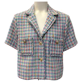 Chaqueta de manga corta Vizam en tweed multicolor azul Maje