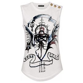 Top Balmain blanco de algodón con estampado gráfico y botones dorados