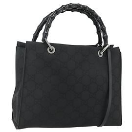 Borsa a mano in tela GG Bamboo di GUCCI 2 in 1 Nero Argento 002 1016 Auth 176966