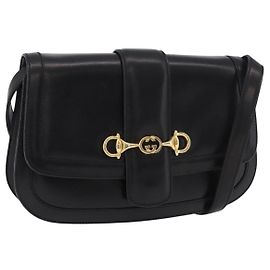 Gucci Bolso de Hombro Horsebit de Cuero Negro y Dorado Auth ep14024
