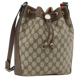Gucci GG Supreme Web Sherry Line Schultertasche PVC Beige Gold Auth ka4065