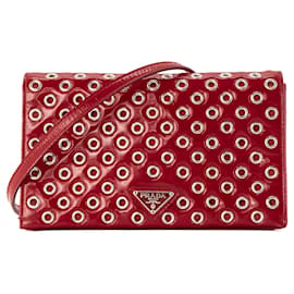 PRADA - Borsa a tracolla Prada in pelle verniciata rossa e occhielli argentati