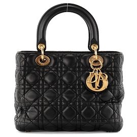 DIOR - Sac à main Lady Dior medium Dior en cuir noir cannage noir vintage