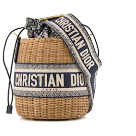 DIOR - Borsa a Spalla Bucket Dior in Vimini e Tela Blu Marino