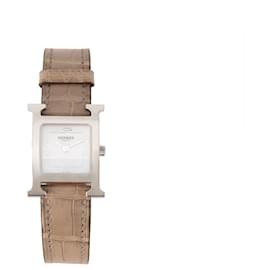 HERMÈS - Heure H PM Watch in taupe alligator leather and silver metal - Hermès