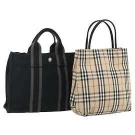 Hermès HERMES Borsa a Mano Burberry Nova Check in Tela 2 Pezzi Beige Nero Auth BA12351