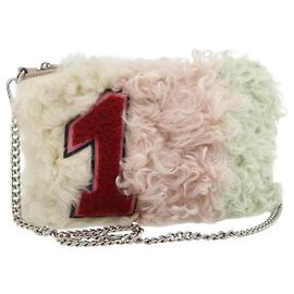 Bolsa de Ombro Miu Miu com Corrente de Pelo Rosa Branco Verde Auth 168873A