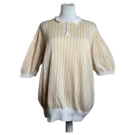 Vintage Dior Herren Baumwollstrick-Polo in Creme mit gelben Streifen L