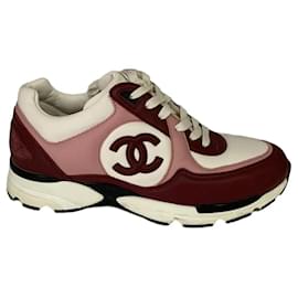 Sneakers Chanel logo pelle bordeaux rosa e bianco